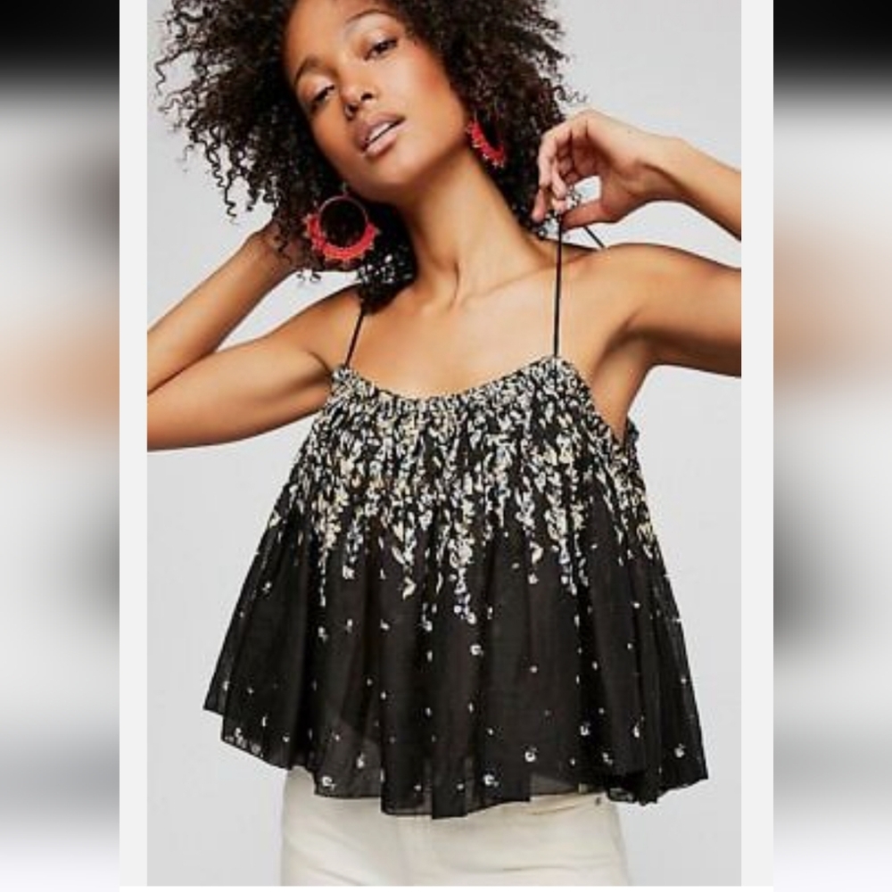 Free People Instant Crush black cotton printed halter camisole top size medium
